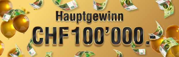 Lassen Sie sich Ihre Chance nicht entgehen. Mit Ihrem Einkauf oder mit der Einsendung der Teilnahmebestätigung nehmen Sie teil. Der Hauptpreis im Gesamtwert von CHF 100'000.- wartet auf Sie! Mit ein bisschen Glück sind Sie der Gewinner.